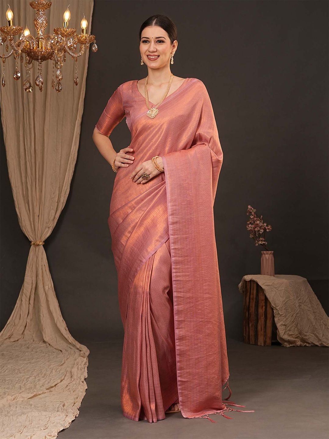 

Anouk Woven Design Zari Silk Blend Kanjeevaram Saree, Peach