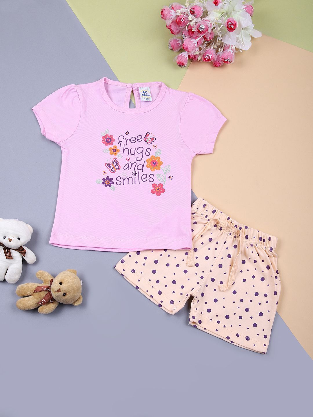 

V-Mart Infant Printed Round Neck Cotton Top With Shorts, Pink