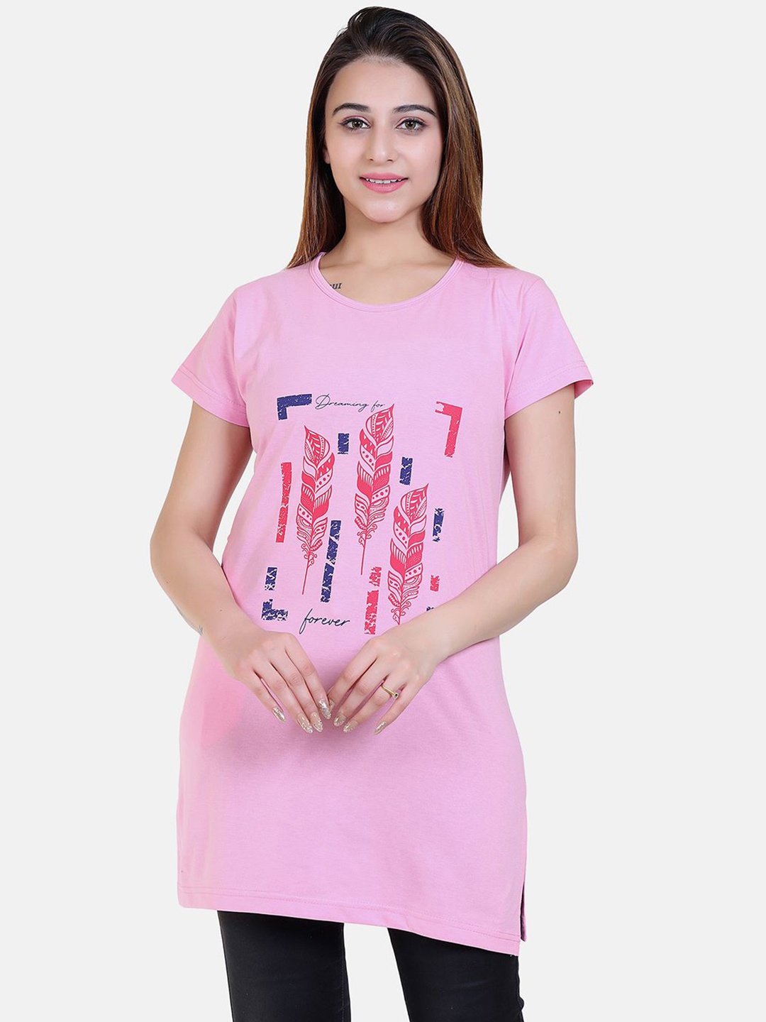 

Divine Girl Women Printed Cotton Round Neck Longline Top, Pink