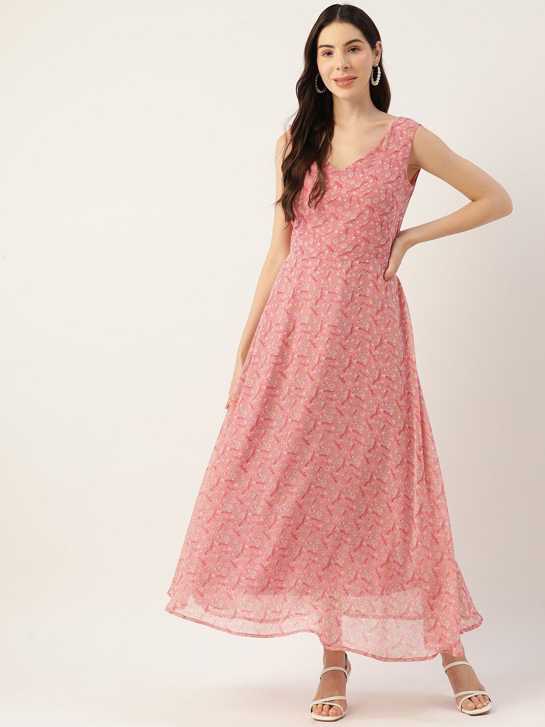 

DressBerry Floral Print V-Neck Sleeveless Georgette A-Line Maxi Dress, Pink