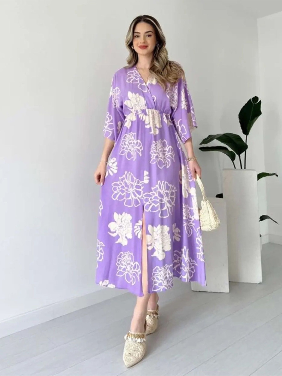 

PIMU Women Wrap Floral Print Midi Dress, Purple