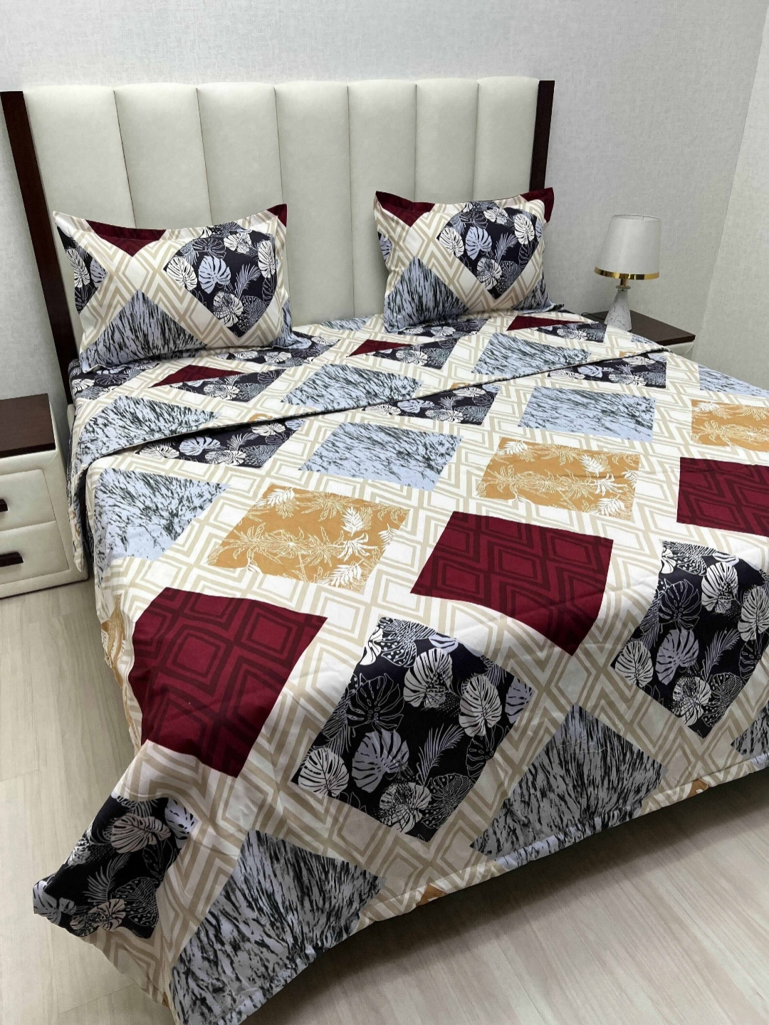 

Pure Decor Beige And Maroon Floral Printed Double King Superfine Bedding Set