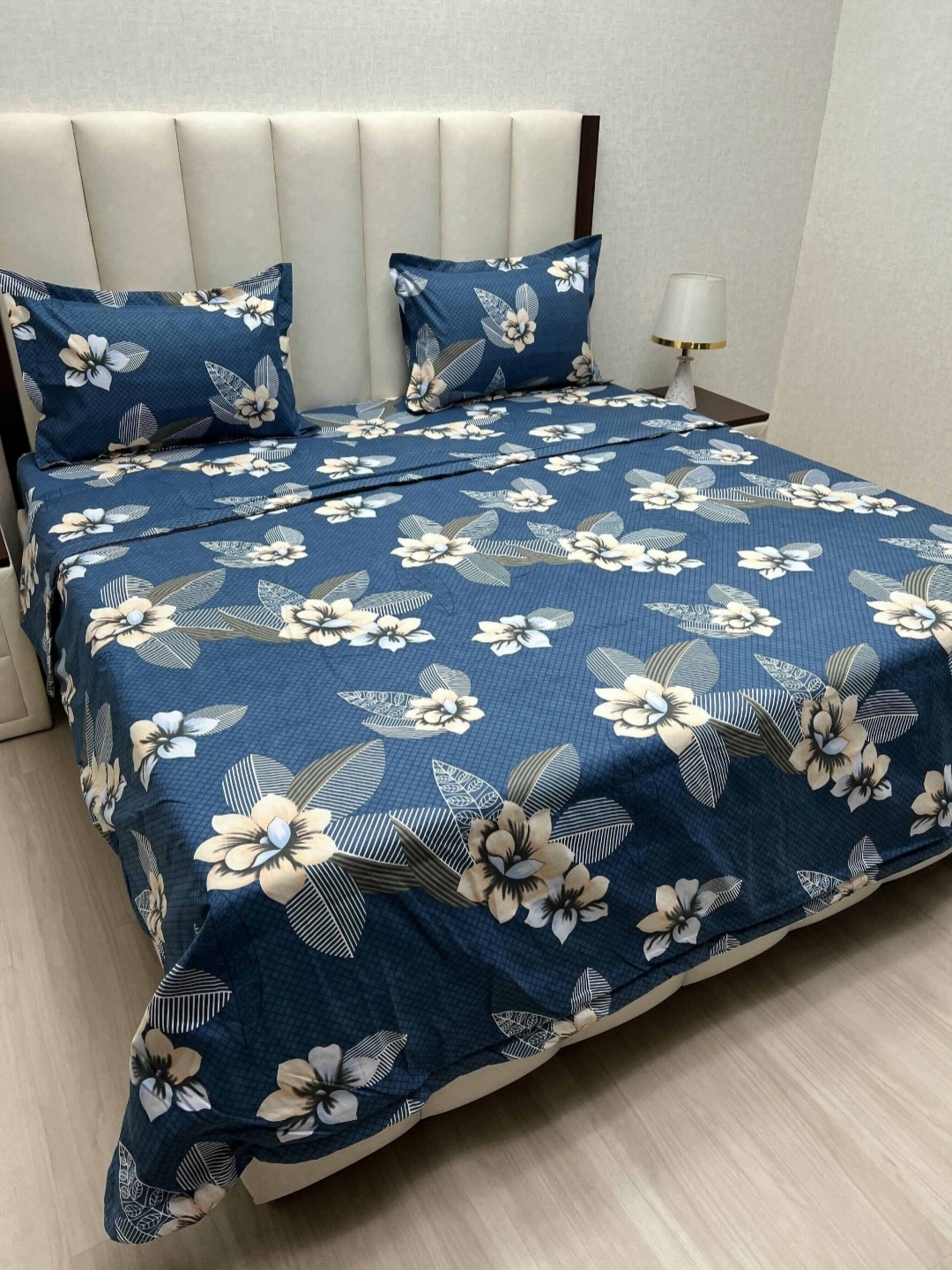 

Pure Decor Blue & Beige Floral Printed Superfine Double King Size Bedding Set