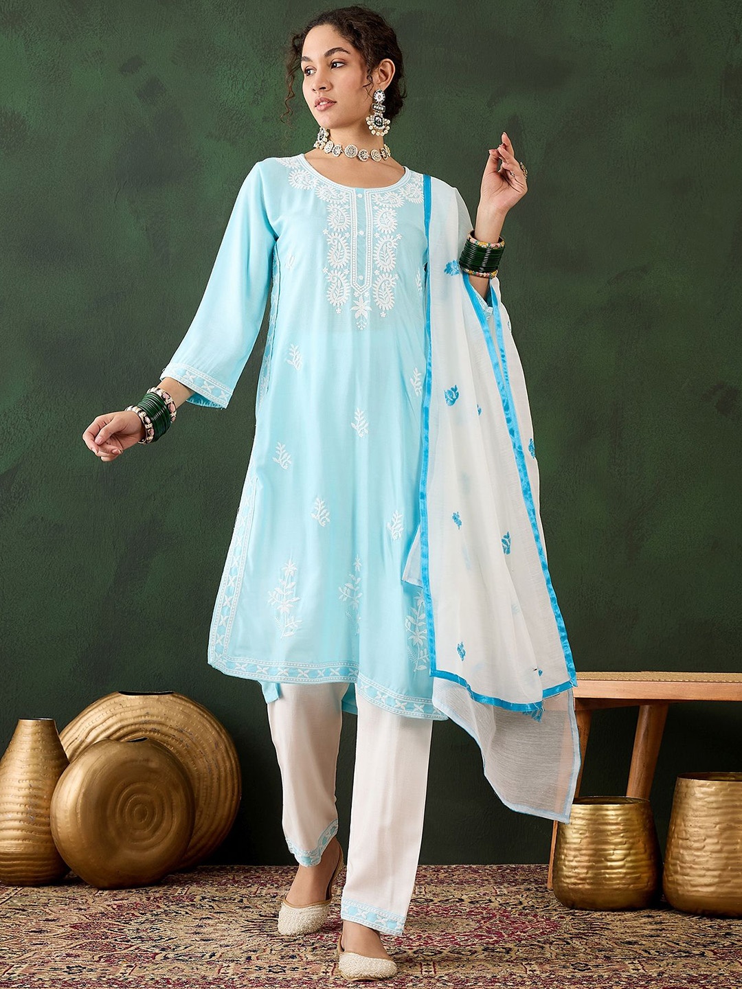 

MANVAA Paisley Embroidered Thread Work Round Neck Kurta with Salwar & Dupatta, Blue