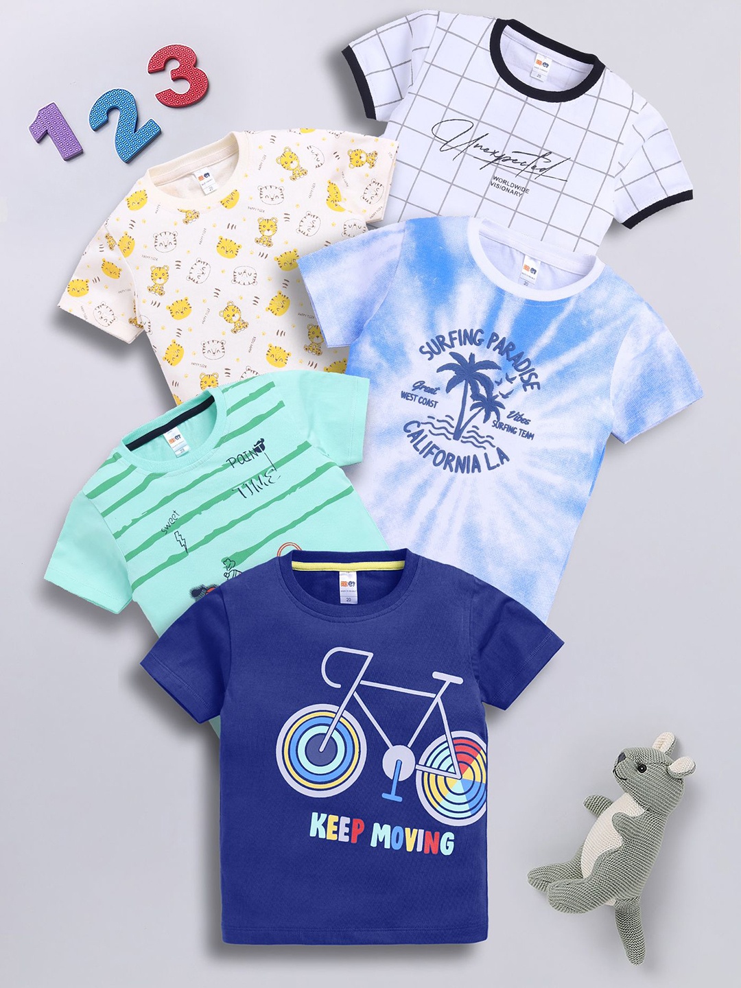 

LITTLE NINJA Boys Pack Of 5 Graphic Printed Round Neck Cotton T-shirts, Blue