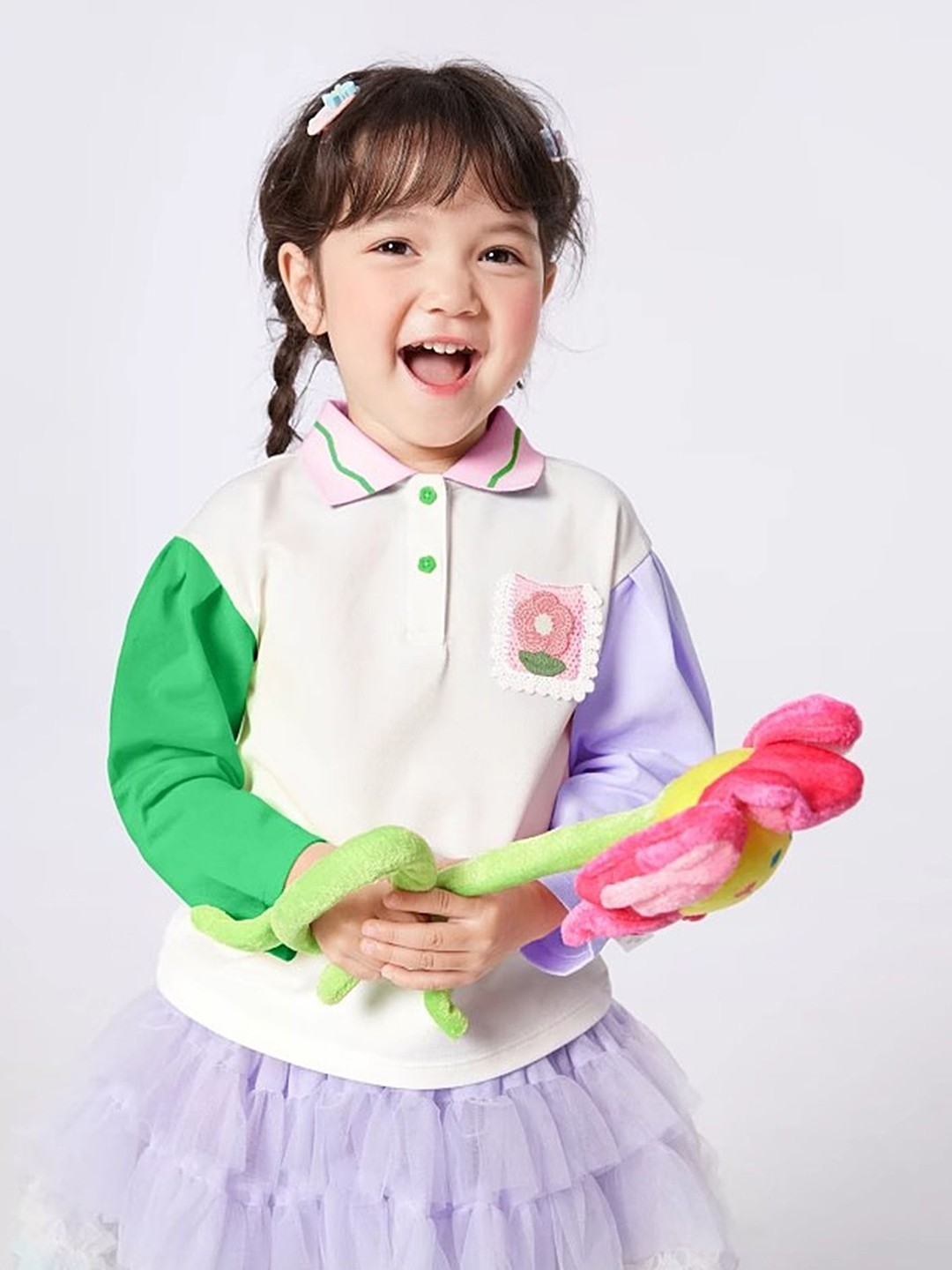

LULU & SKY Girls Colourblocked Polo Collar Cotton Oversized T-shirt, White
