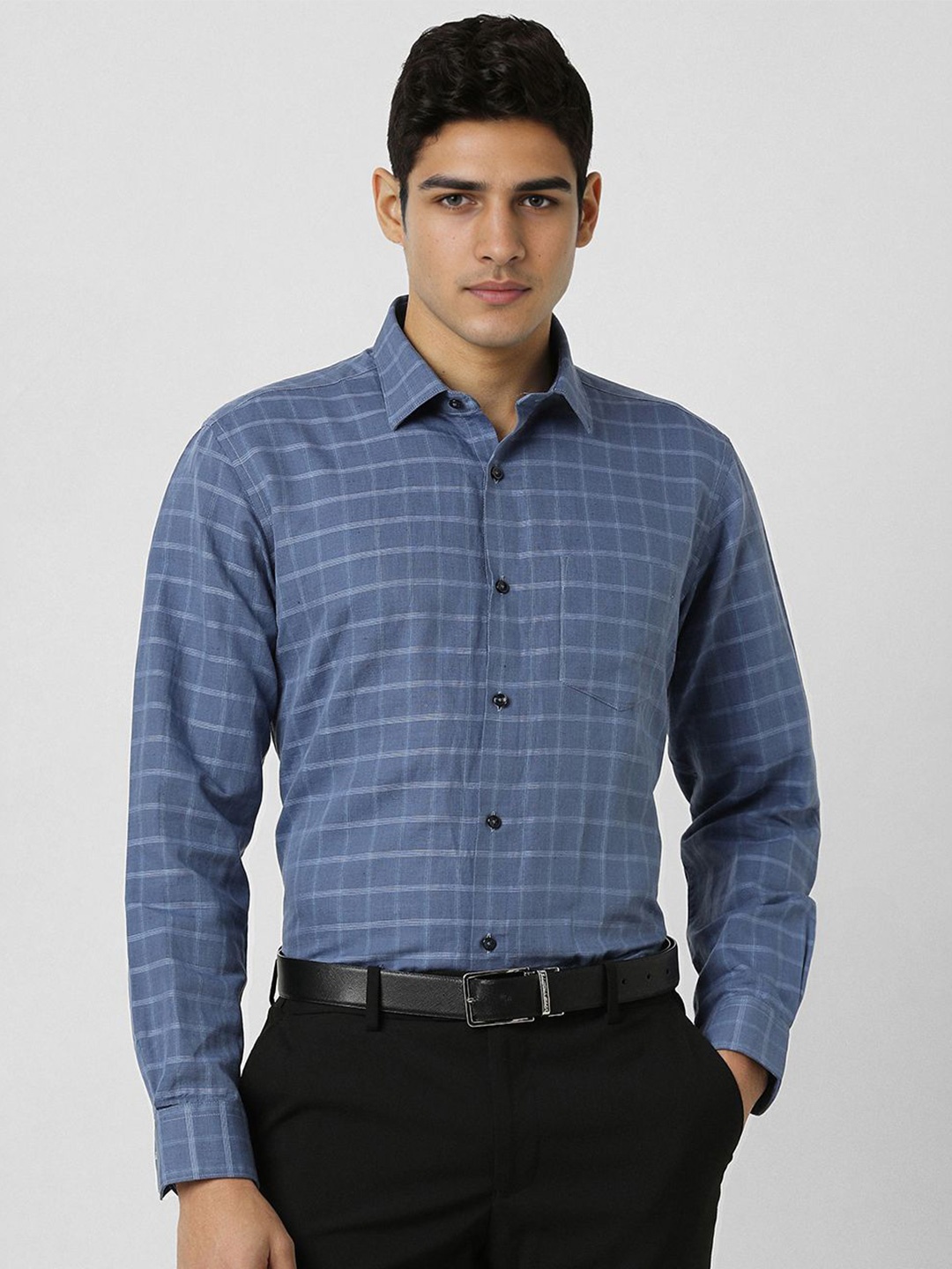 

Van Heusen Men Regular Fit Spread Collar Grid Tattersall Checked Formal Shirt, Blue