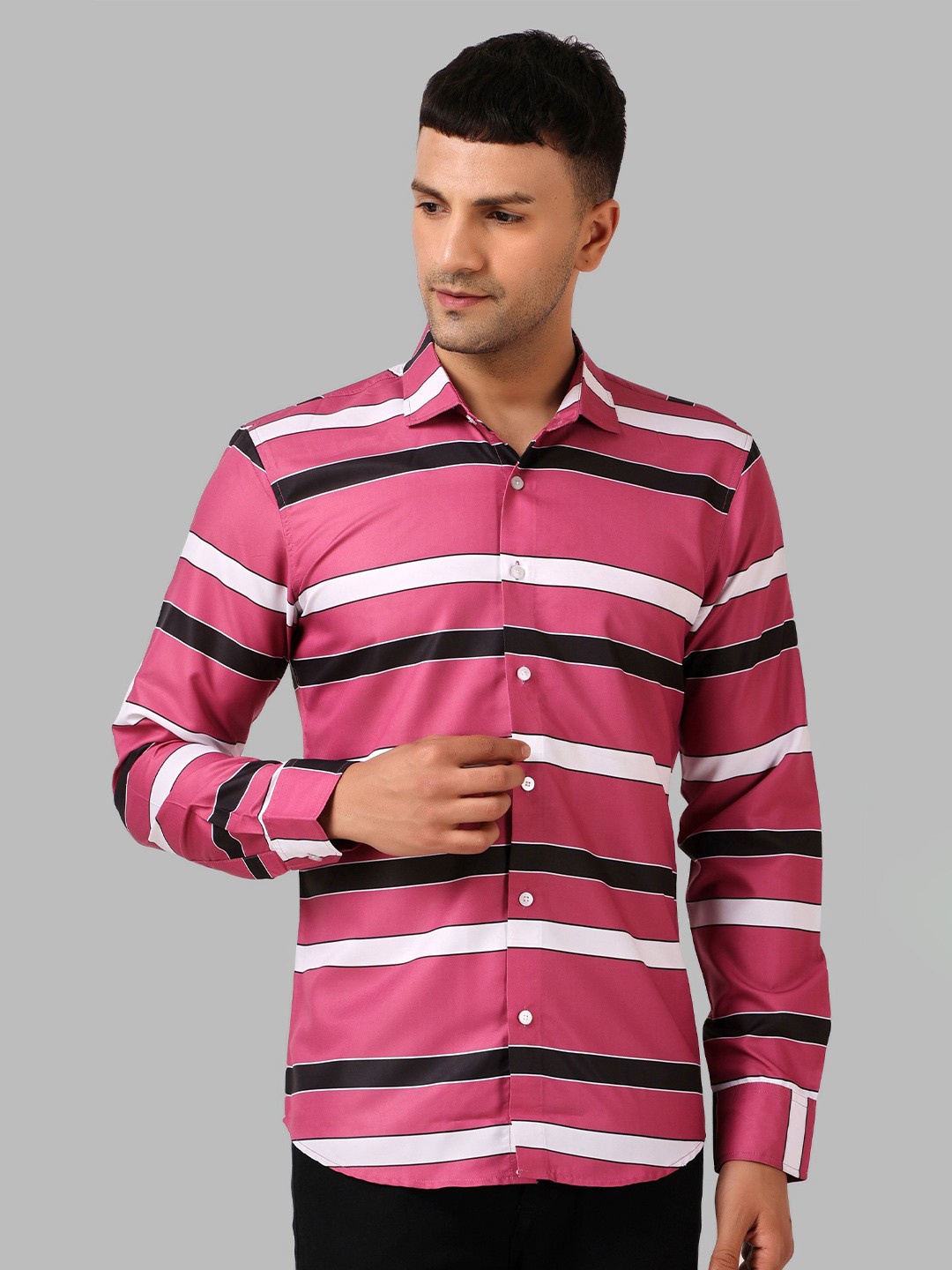 

Metronaut Men Regular Fit Spread Collar Horizontal Striped Cotton Casual Shirt, Fuchsia