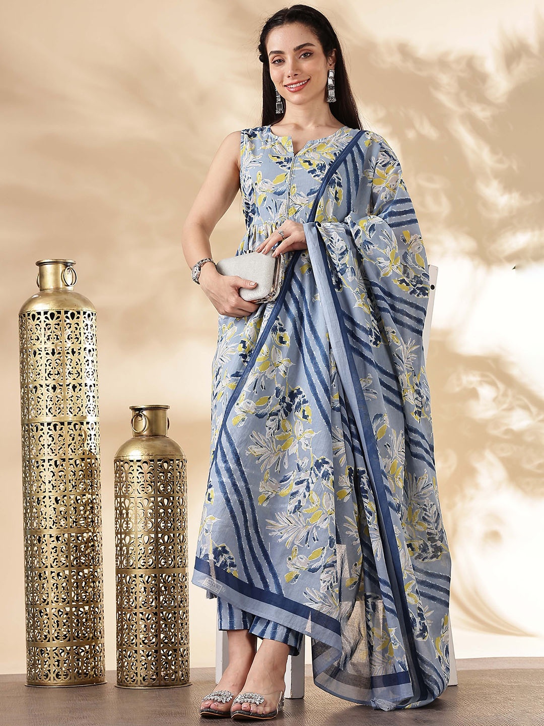 

Anouk Blue Floral Printed Notch Neck Pure Cotton Anarkali Kurta With Trouser And Dupatta