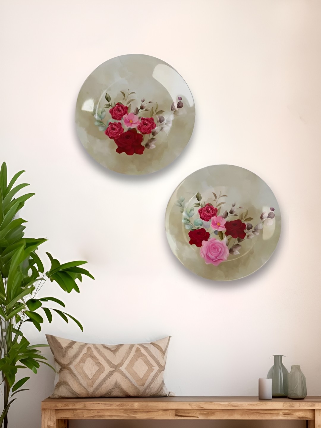 

Homscape Beige & Red 2 Pieces Floral Printed Ceramic Wall Plates