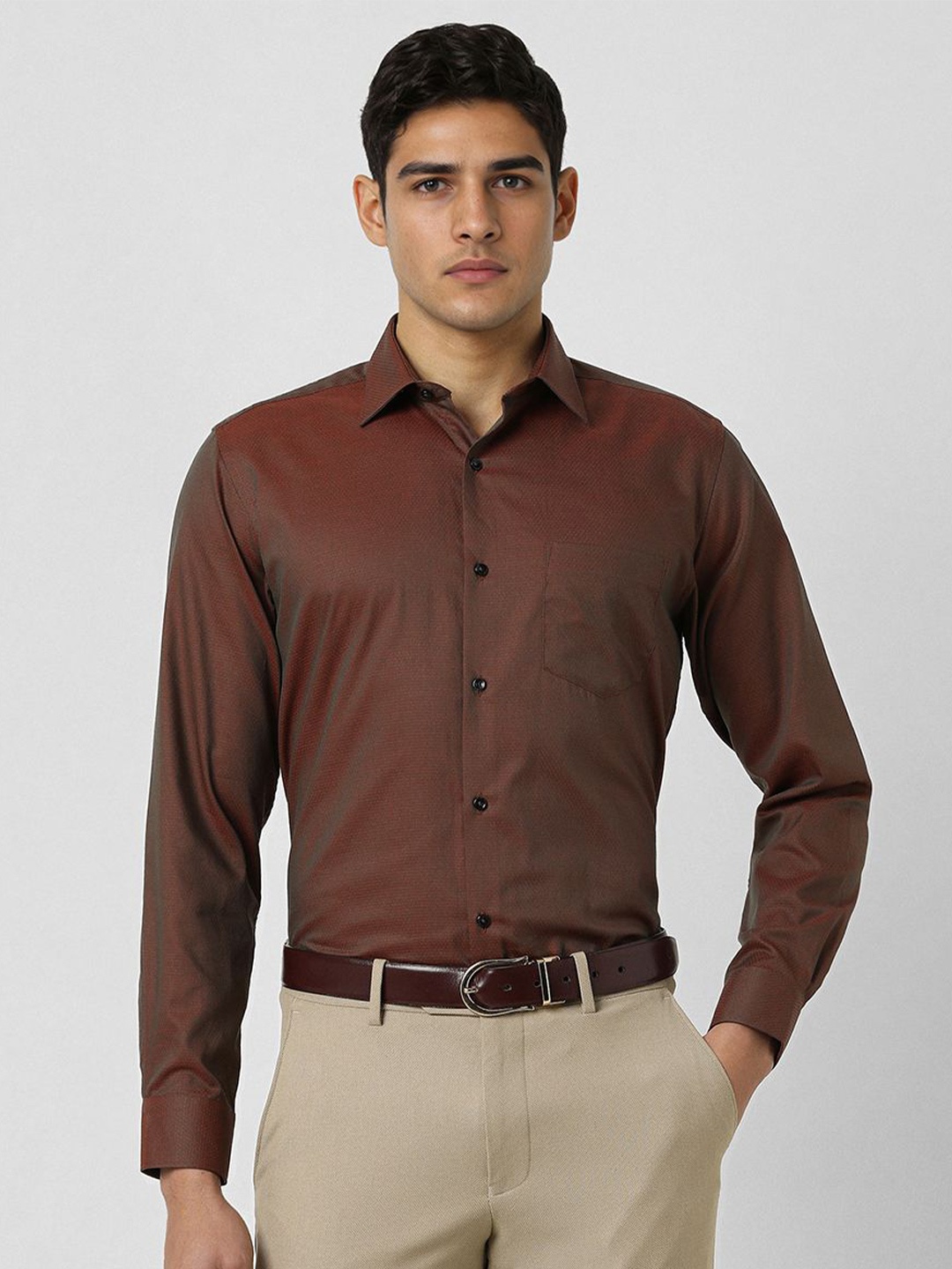 

Van Heusen Men Regular Fit Spread Collar Textured Cotton Formal Shirt, Brown