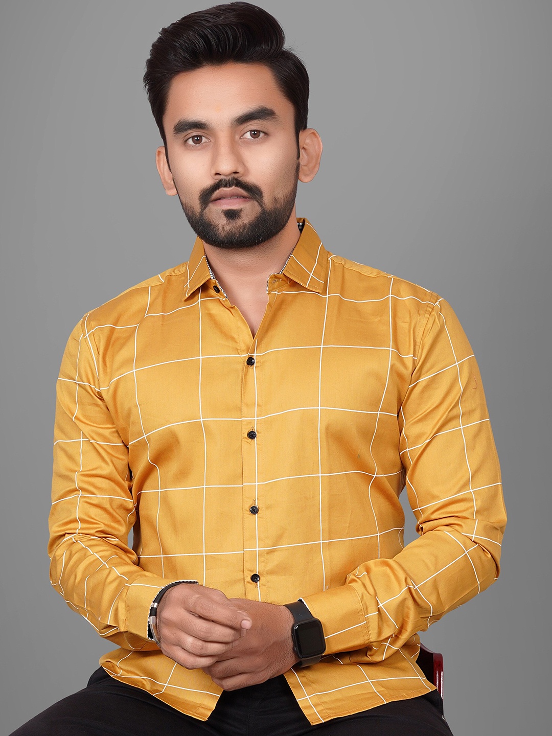 

Metronaut Men Regular Fit Spread Collar Windowpane Checked Casual Shirt, Mustard