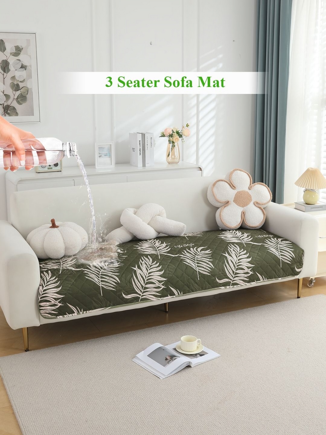 

HOKIPO Olive Green & White Printed Waterproof 3 Seater Sofa Seat Mat