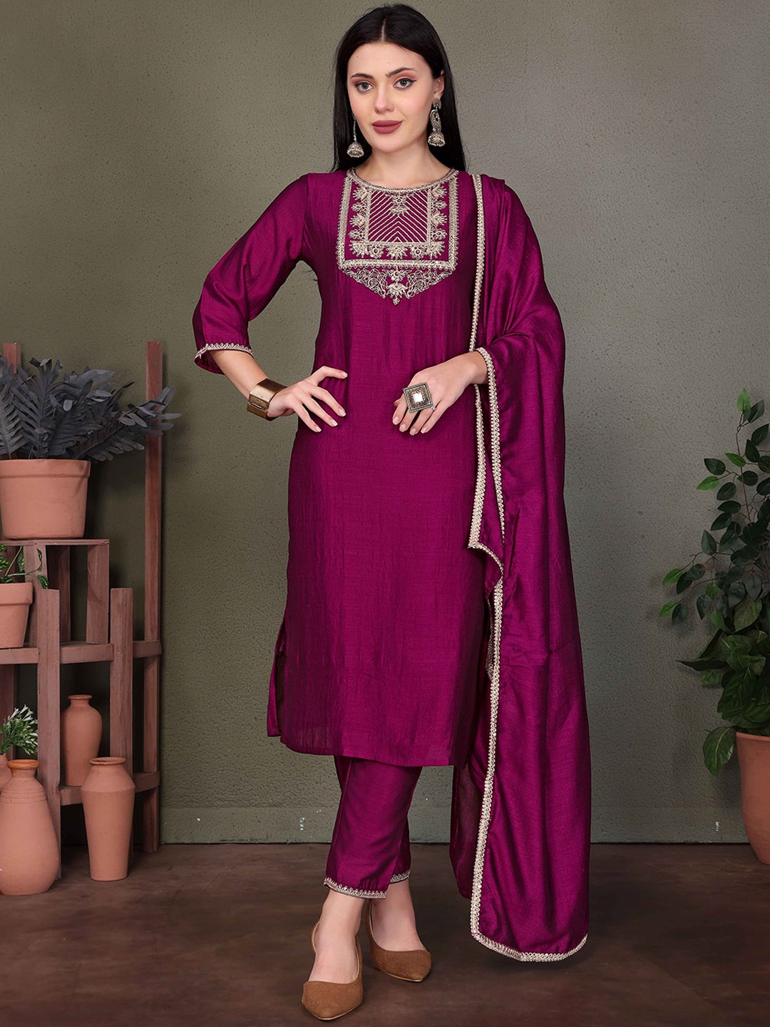 

Gee Next Creation Floral Embroidered Art Silk Straight Kurta With Trousers & Dupatta, Burgundy
