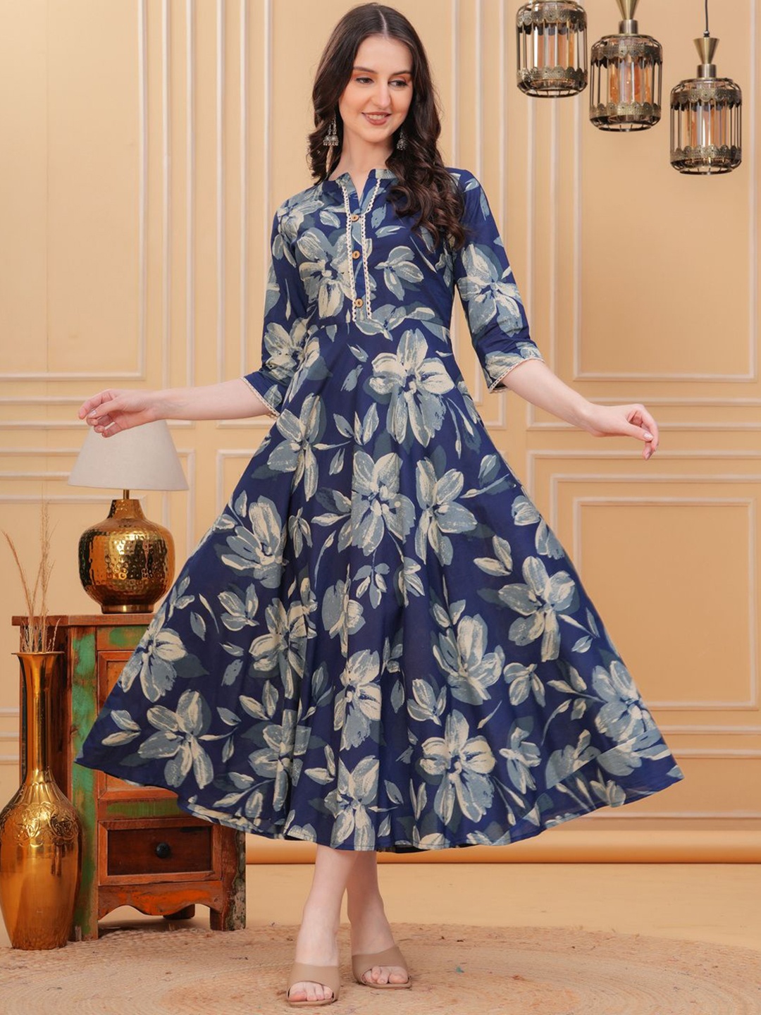 

Da Vastraagaar Floral Printed Mandarin Collar Pure Cotton Anarkali Kurta, Blue