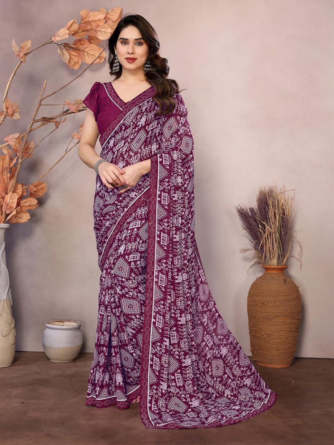 

KALINI Warli Poly Georgette Saree, Purple