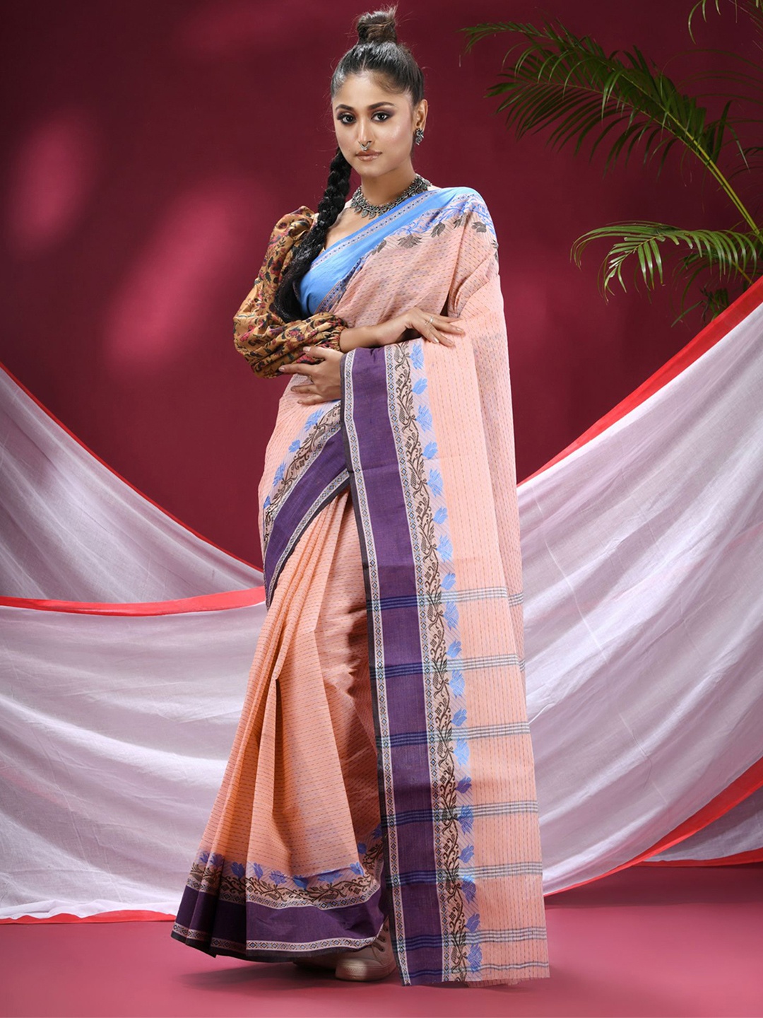 

TANTLOOM Ethnic Motifs Pure Cotton Taant Saree, Pink