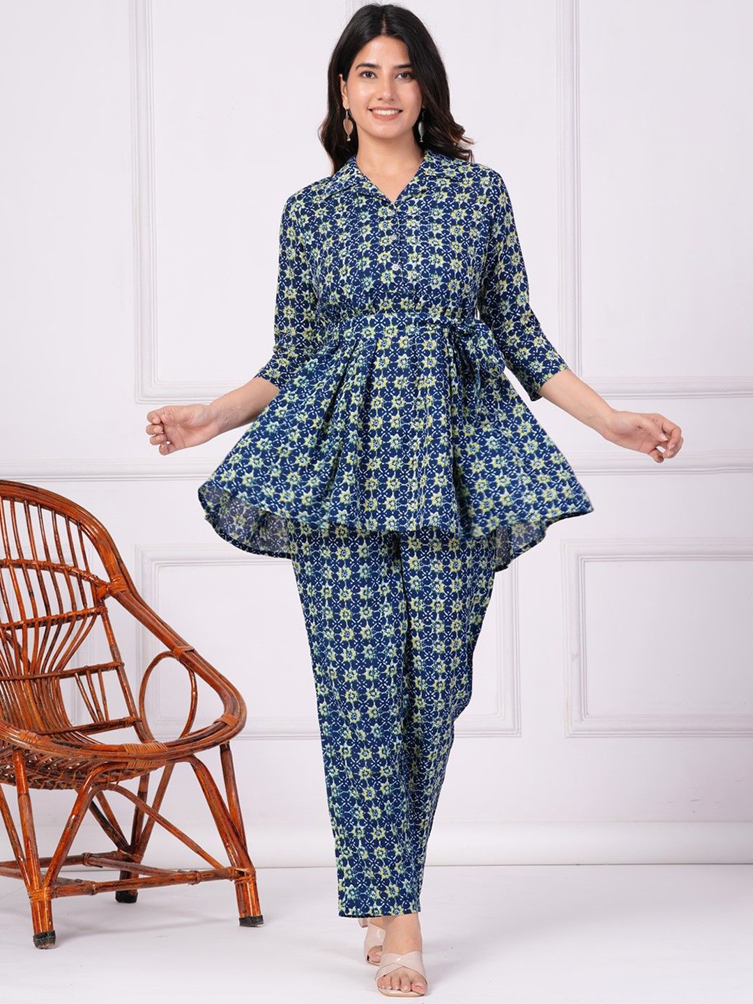 

COTNUF Printed Pure Cotton Top With Trouser Co-Ords, Blue