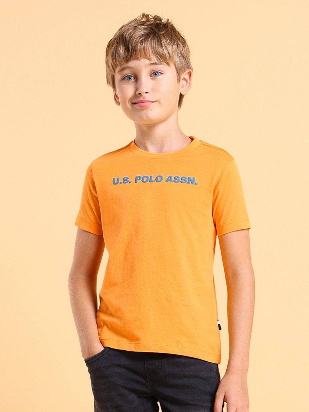 

U.S. Polo Assn. Kids Boys Brand Logo Printed Applique T-shirt, Orange