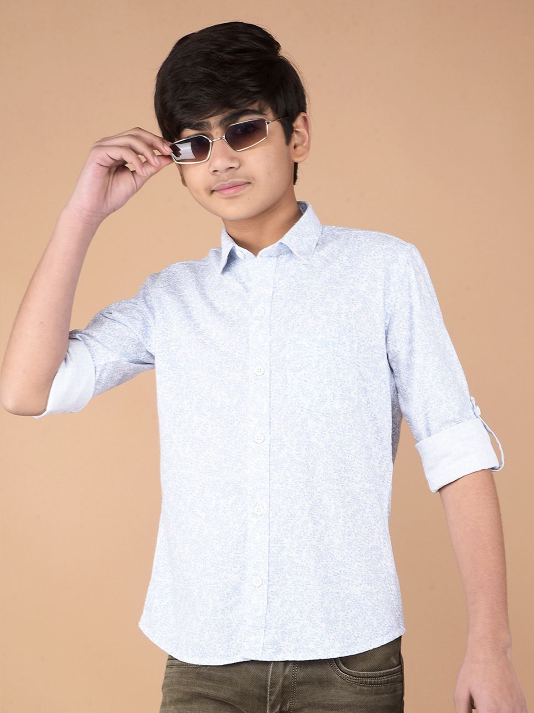 

Crimsoune Club Boys Classic Fit Spread Collar Floral Printed Cotton Casual Shirt, Blue