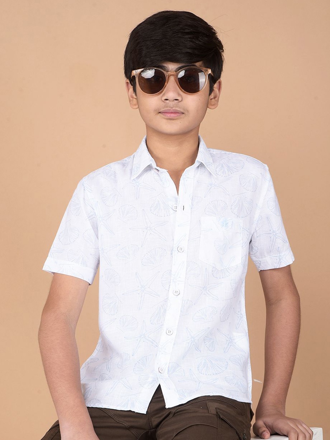 

Crimsoune Club Boys Classic Slim Fit Conversational Printed Cotton Casual Shirt, White