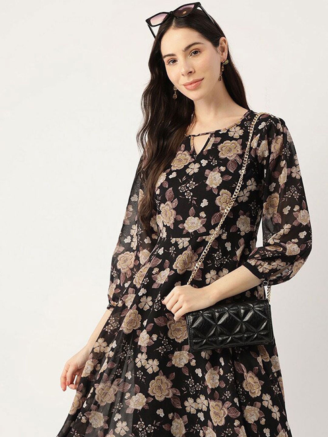 

DressBerry Women Floral Printed Puff Sleeve Georgette Fit-Flare Midi Dress, Black