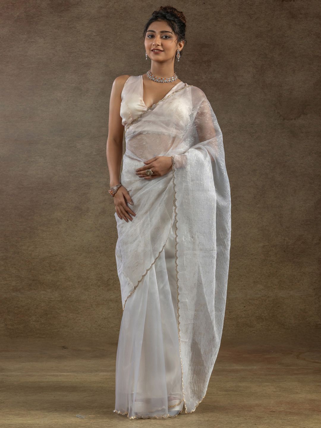 

Saree mall Beads and Stones Organza Ready to Wear Sarees, Cream