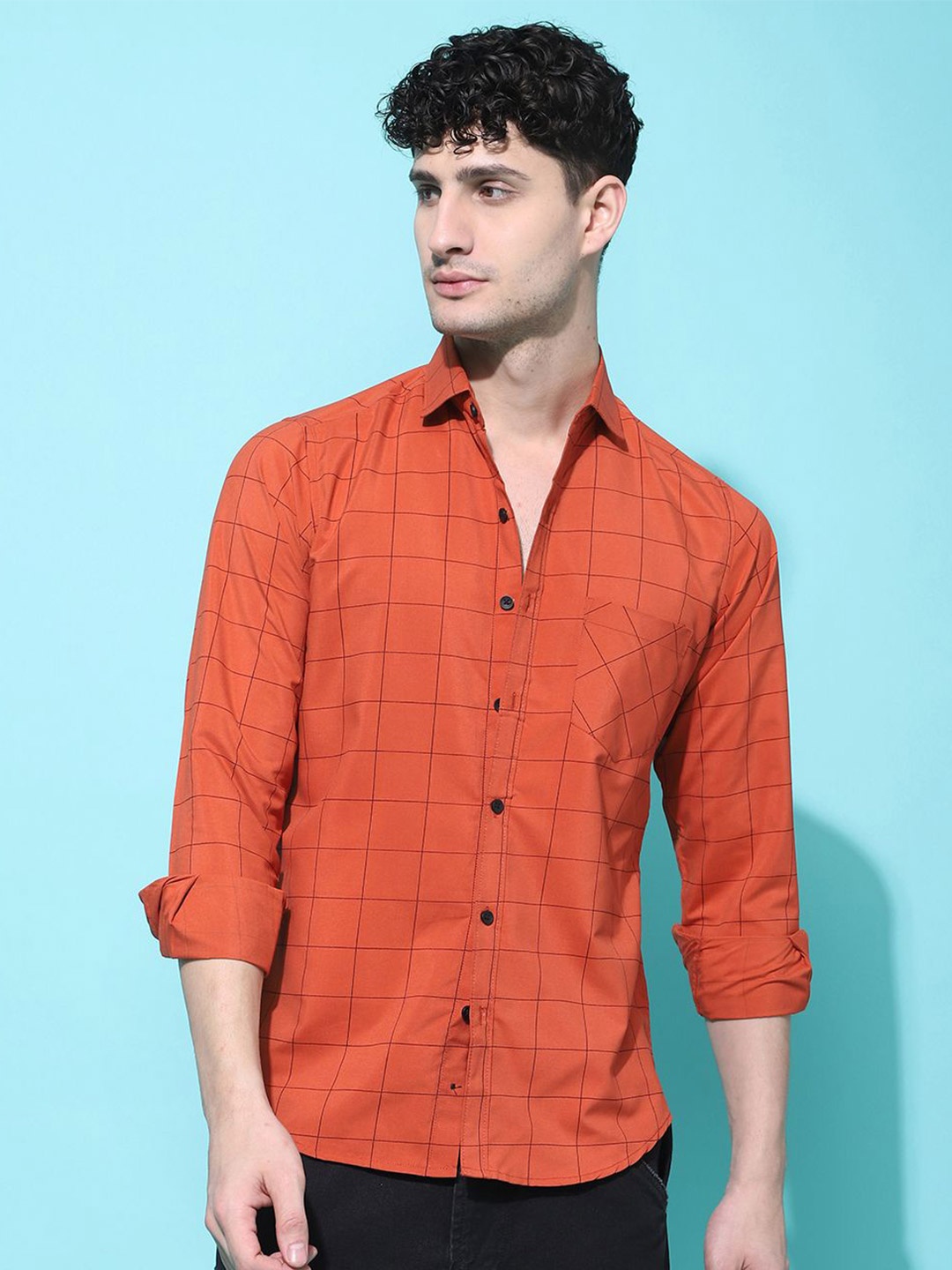 

Metronaut Men Windowpane Checks Semi Sheer Checked Casual Shirt, Orange
