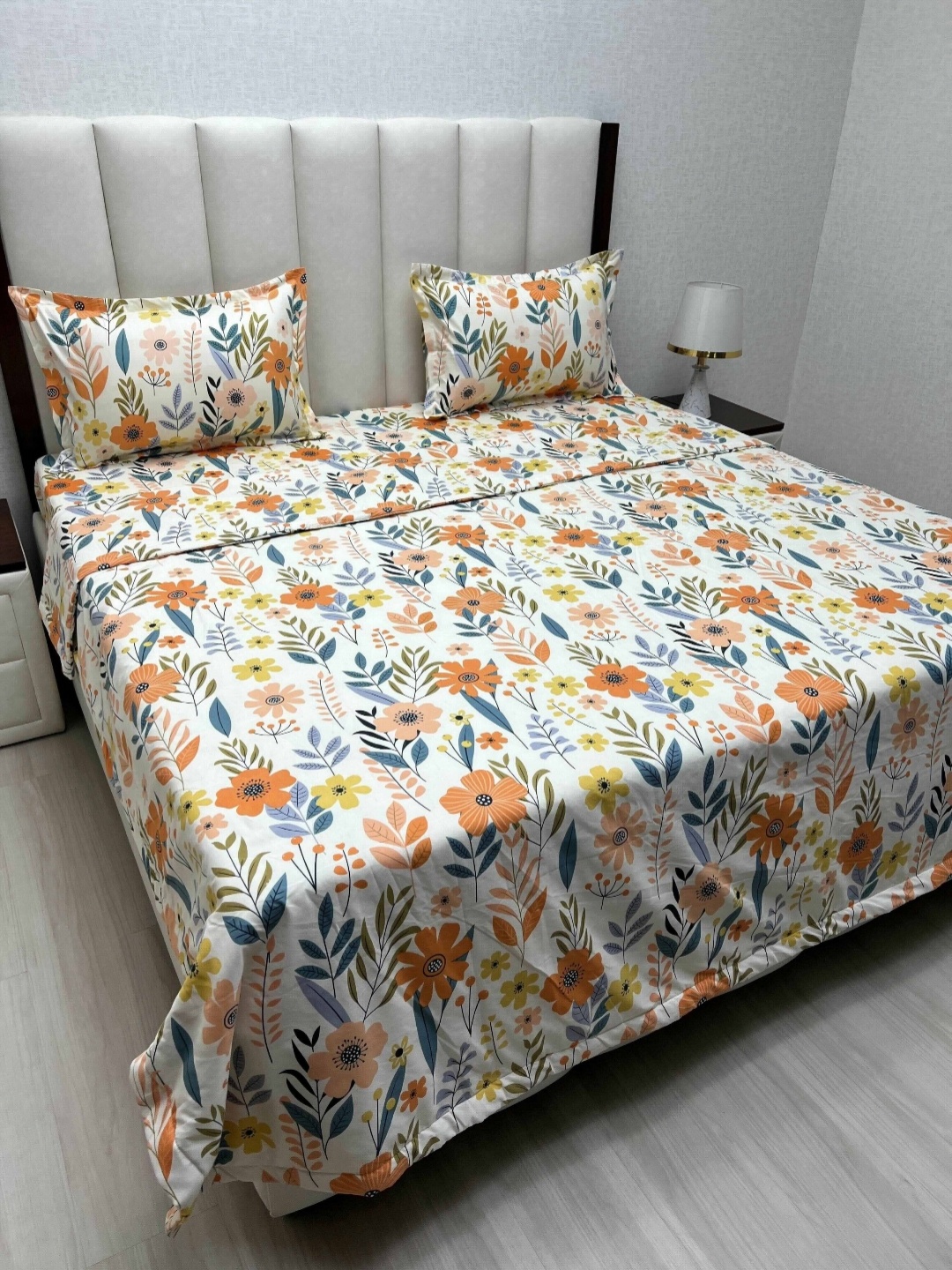 

Pure Decor White & Orange Floral Printed Fine Double King Size Bedding Set
