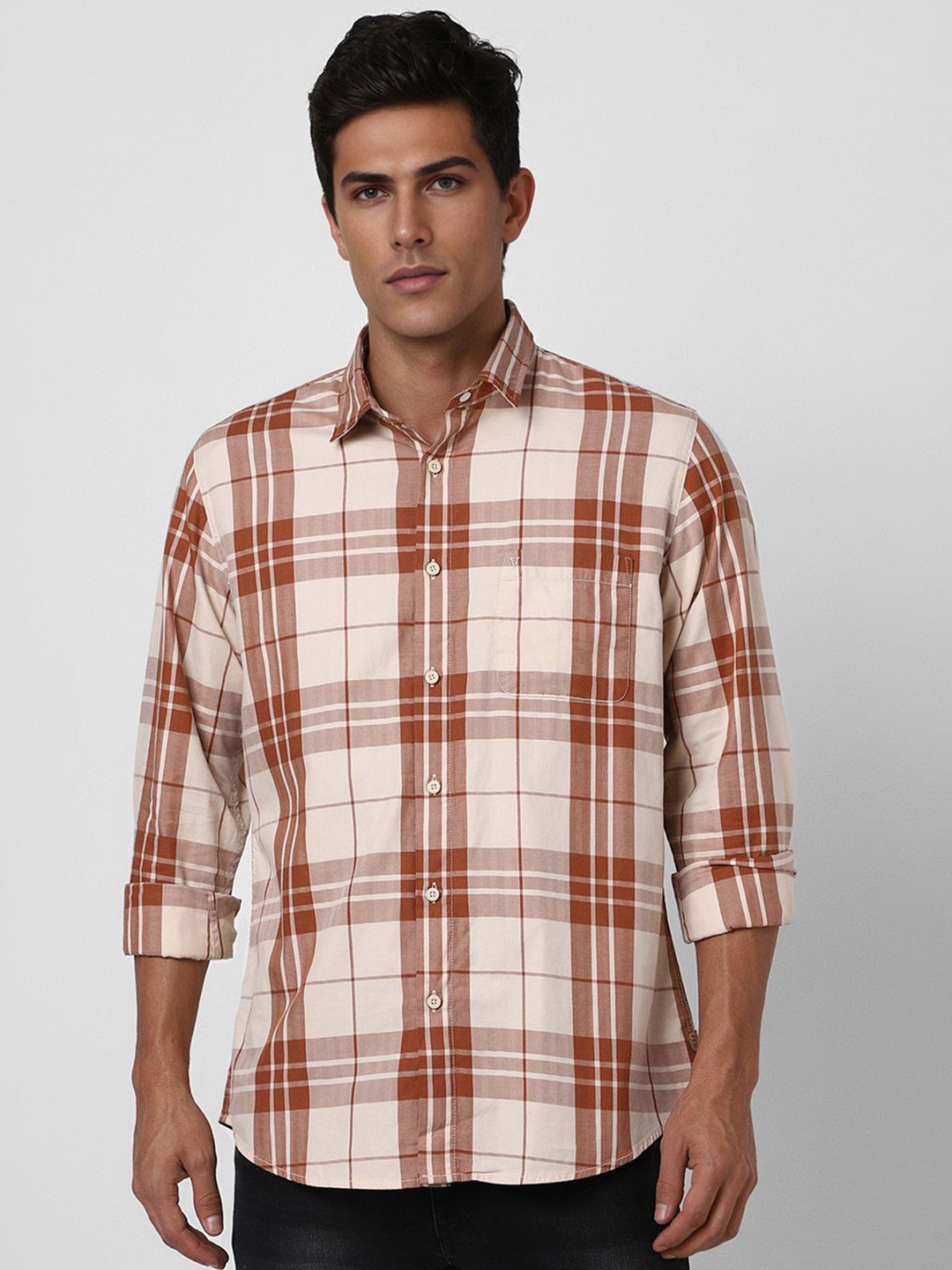 

VAN HEUSEN DENIM LABS Men Spread Collar Tartan Checked Cotton Casual Shirt, Beige
