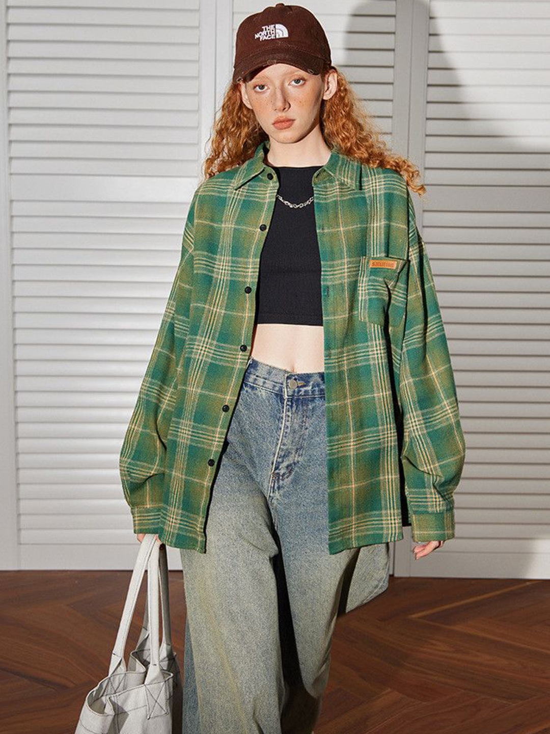 

DressBerry Women Checked Longline Oversized Casual Shacket, Green