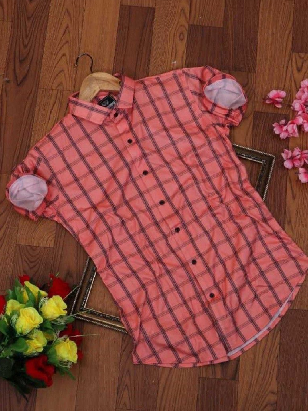 

iCome Men Spread Collar Checked Casual Shirt, Pink