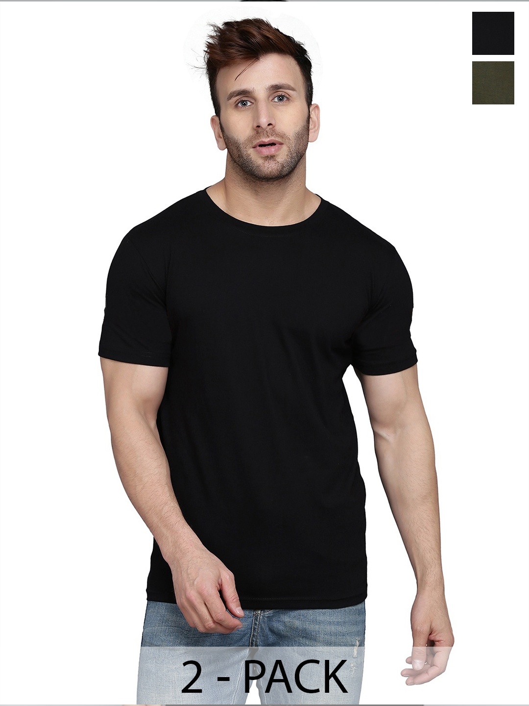 

WOOSTRO Men Pack Of 2 Solid Round Neck Cotton Slim Fit T-shirts, Black