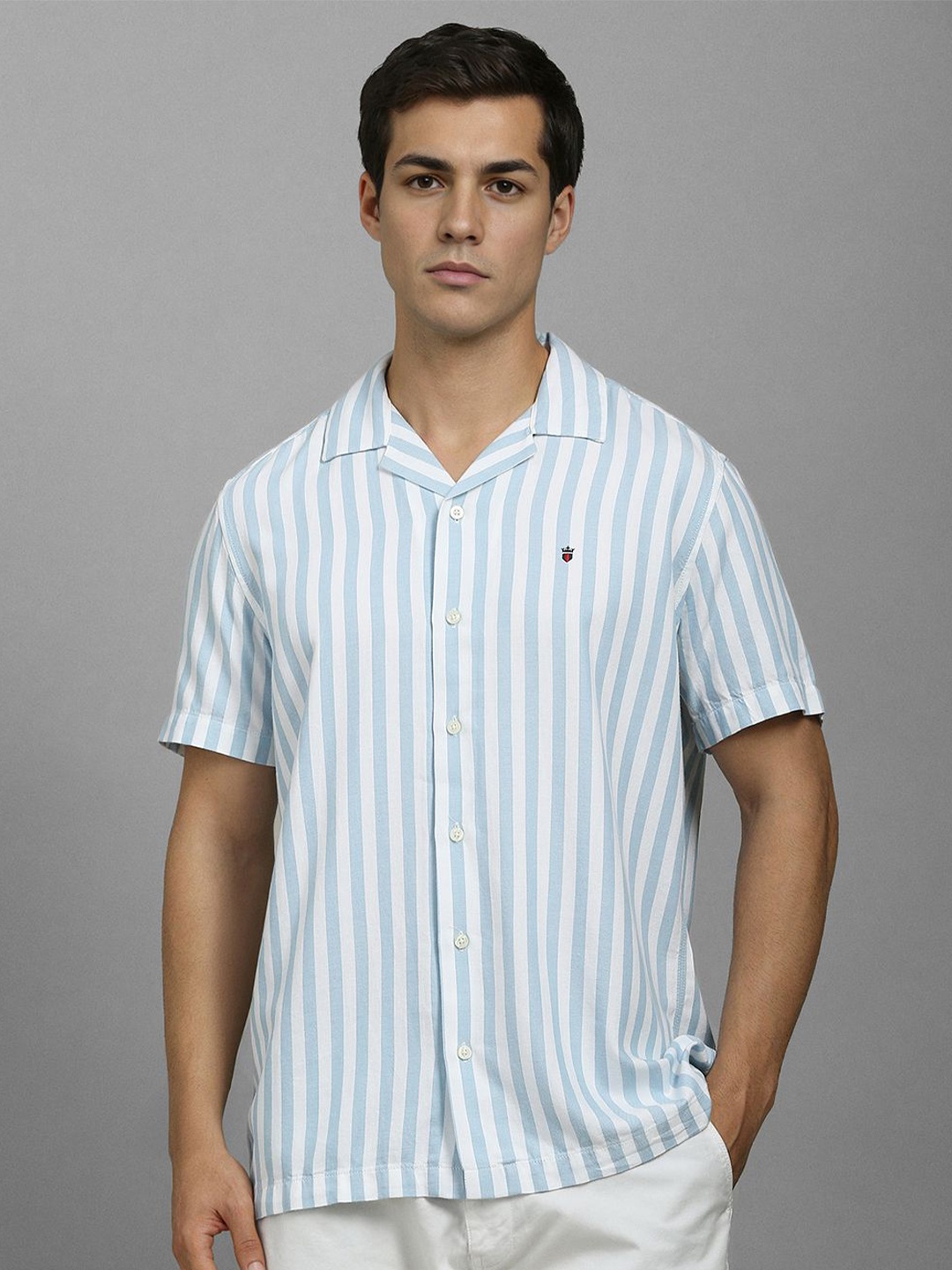 

Louis Philippe Jeans Men Cuban Collar Vertical Striped Cotton Casual Shirt, Blue