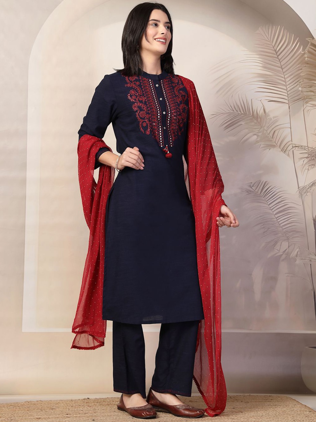 

Nayam By Lakshita Women Floral Yoke Design Straight Kurta with Trouser & Dupatta, Navy blue