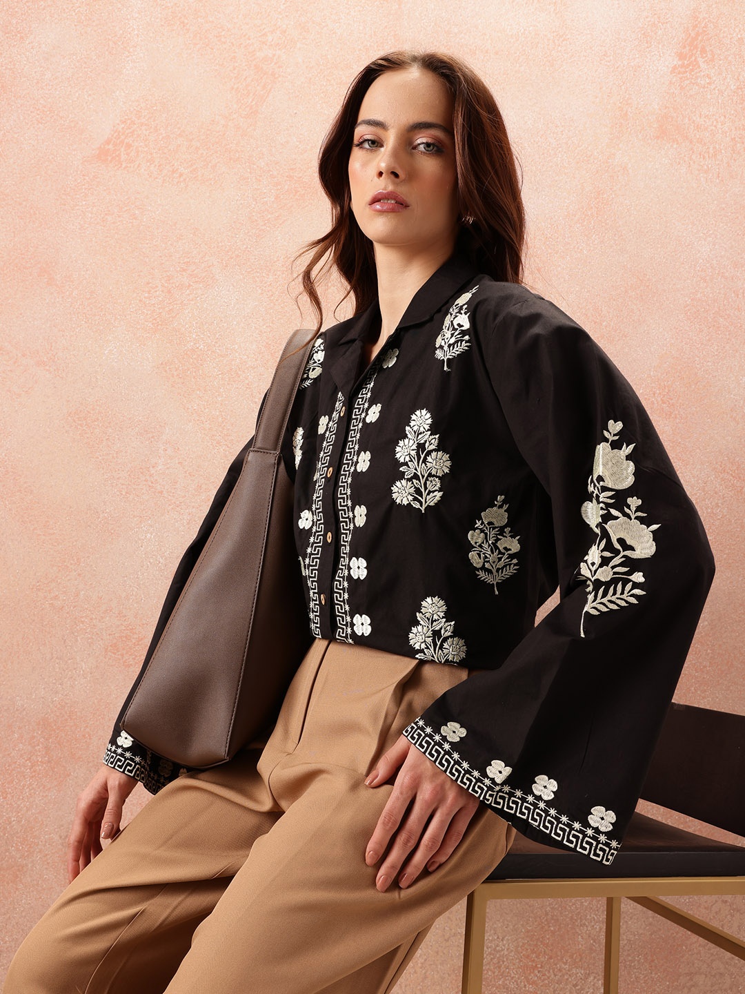 

all about you Floral Embroidered Casual Shirt, Black