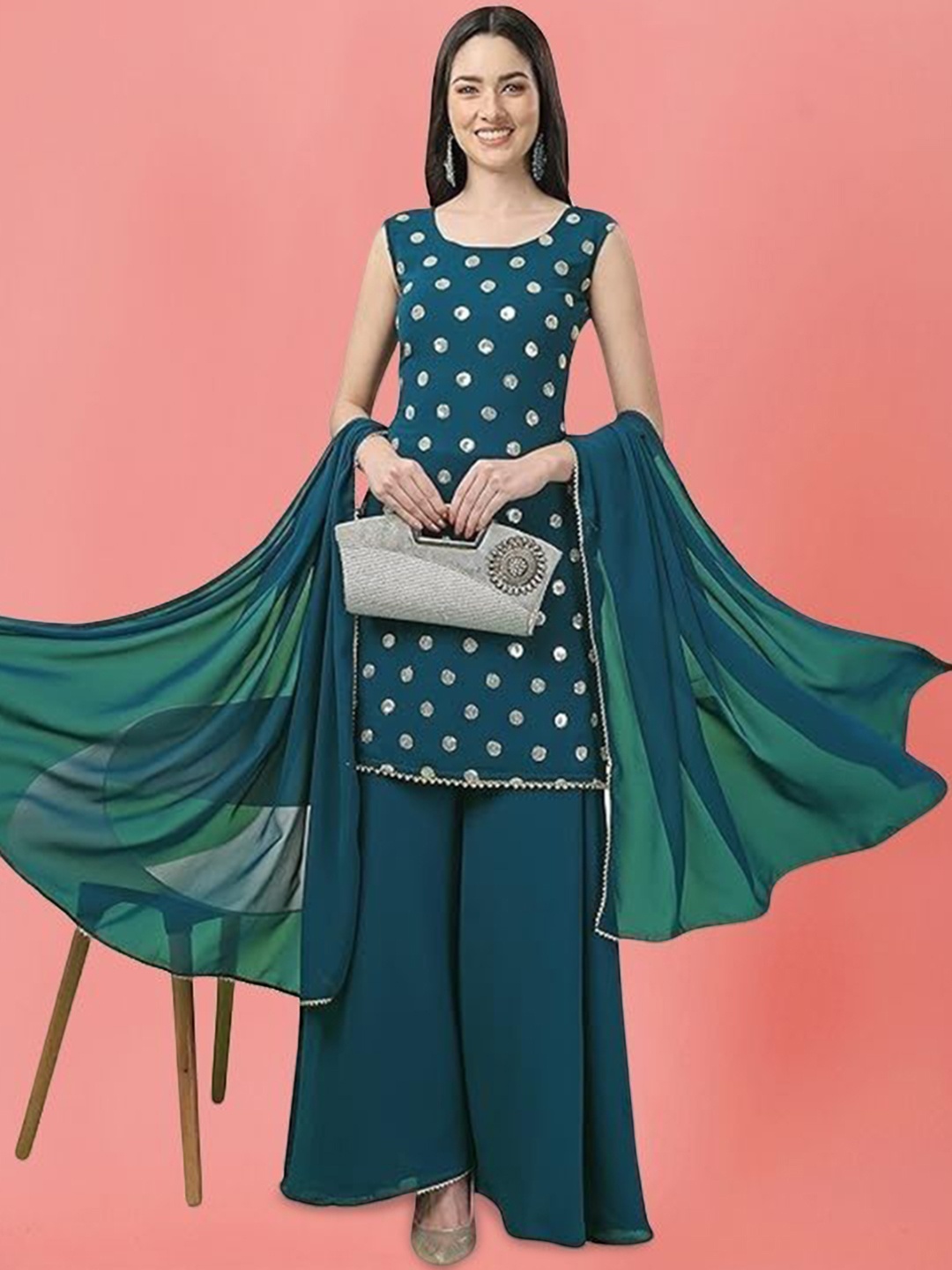 

PARROT CREATION Geometric Embroidered Georgette Straight Kurti With Sharara & Dupatta, Teal