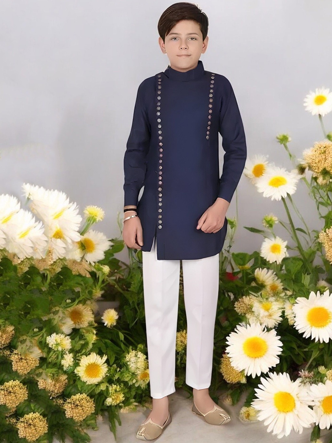 

Qtsy Boys Band Collar Pure Cotton Straight Kurta With Pyjamas, Navy blue
