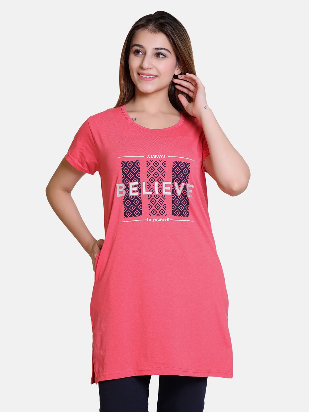 

Divine Girl Graphic Printed Cotton Longline T-Shirt, Pink