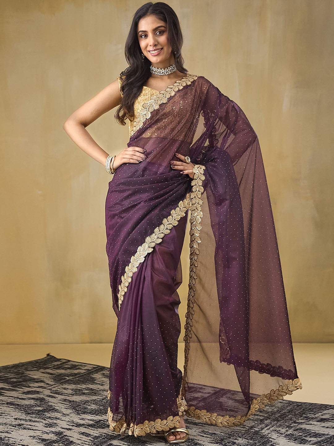 

RACHNA Net Woven Design Embellished Saree, Purple