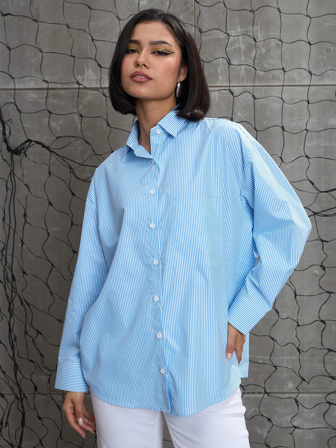 

SASSAFRAS Women Relaxed Fit Spread Collar Vertical Striped Casual Shirt, Blue