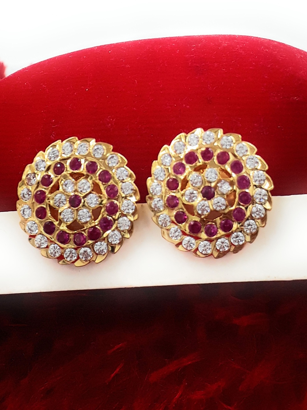 

Anujeet Fashion Hub Gold Plated American Diamond Studded Circular Studs, Pink