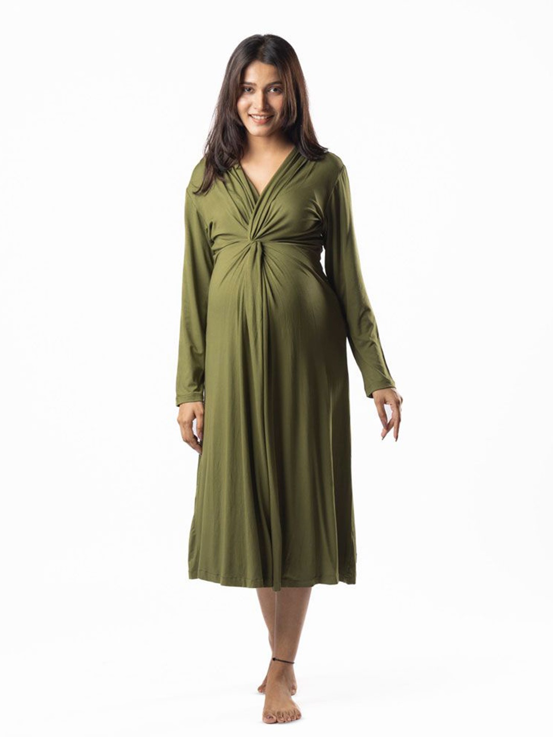 

Block Hop Women Maternity Olive Knotted A-Line Dress