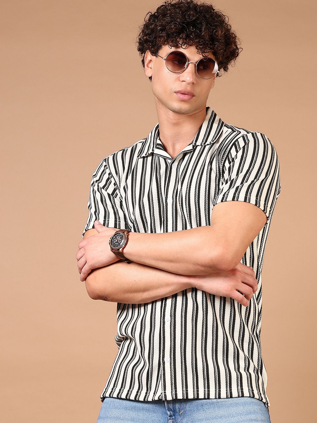 

V-Mart Men Cuban Collar Vertical Striped Cotton Casual Shirt, White