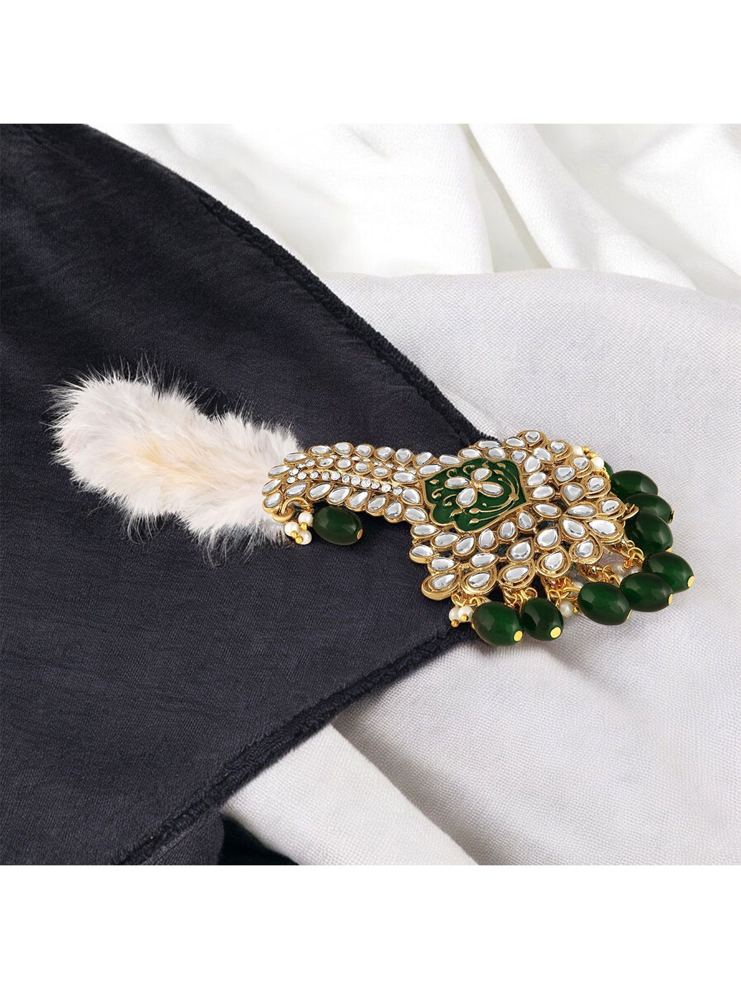 

Mahi Men Green & Gold-Toned Stone-Studded Brooch with Feather