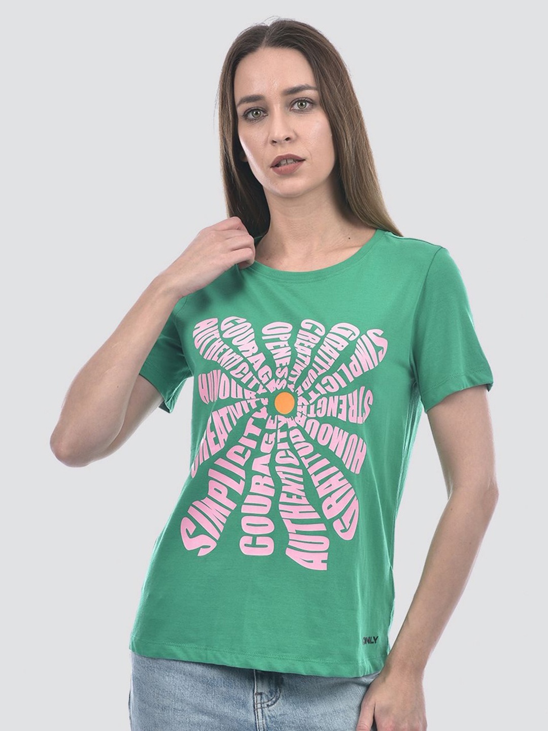 

ONLY Women Typography Printed Round Neck Cotton T-shirt, Green