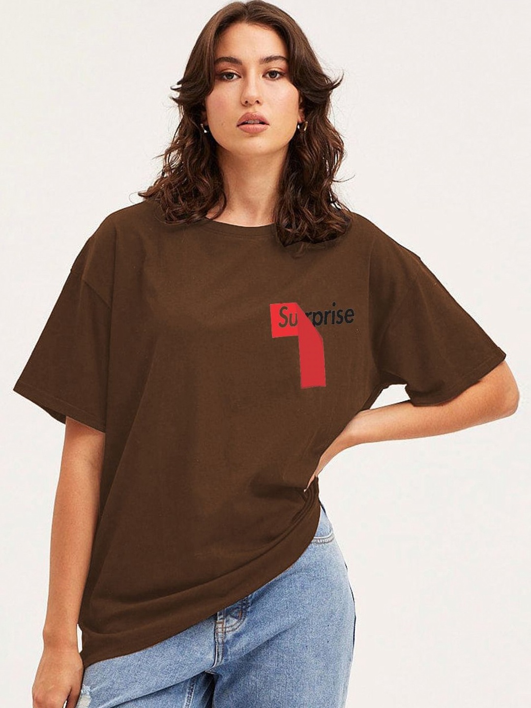 

Moda Rapido Women Typography Printed Round Neck Cotton Oversized T-shirt, Brown