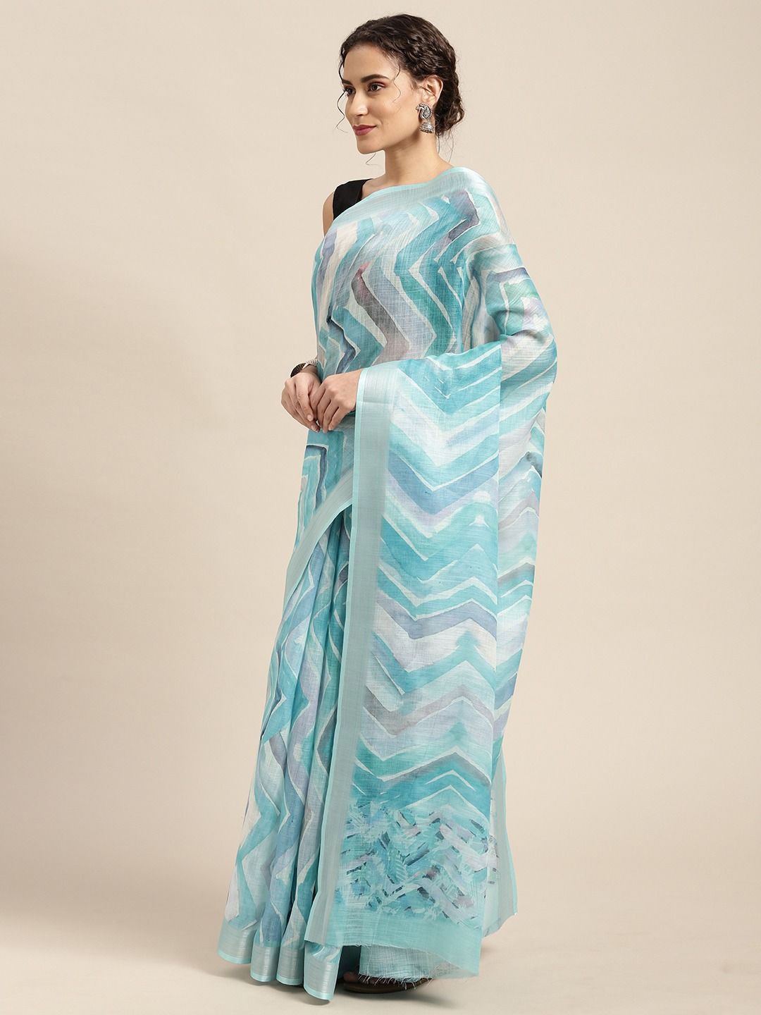 

DIVASTRI Zari Pure Linen Saree, Blue