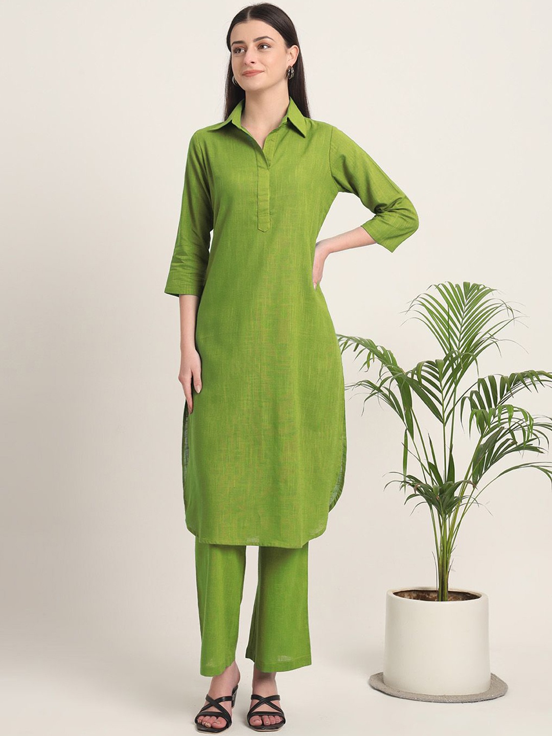 

Thevasa Comfort Shirt Collar Pure Cotton Tunic With Trousers, Green