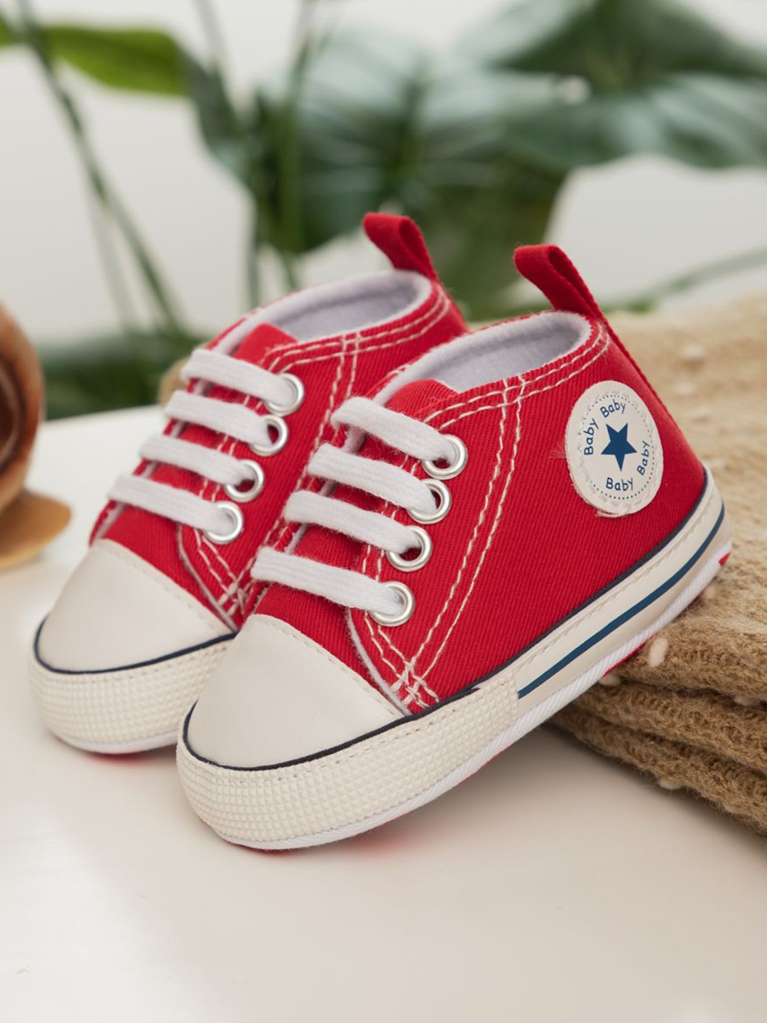

NESKA MODA Kids Cotton Anti-Slip Denim Booties, Red